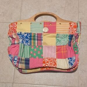 Lilly Pulitzer Patchwork Bag Wooden Handle Rare Multcolor Cotton